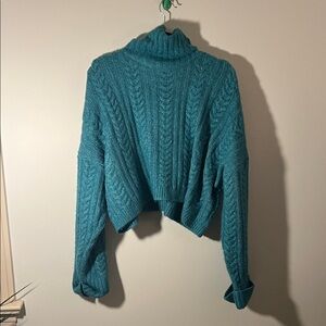 Vici Teal Cable-Knit Cropped Turtleneck Sweater